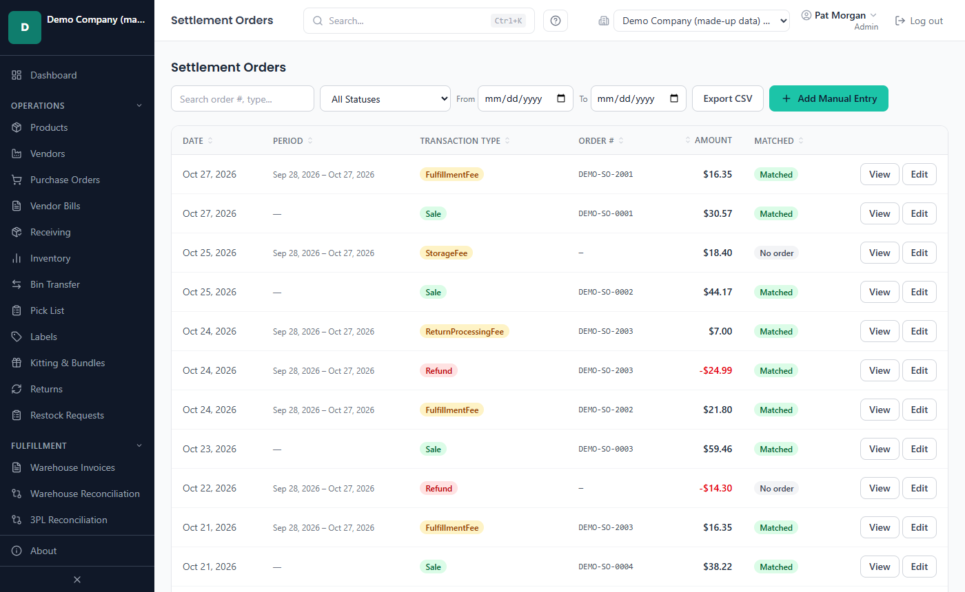 The Settlement Orders list: each settlement row with its date, transaction type, order number, amount and matched status, with search, status and date filters, Export CSV and Add Manual Entry.
